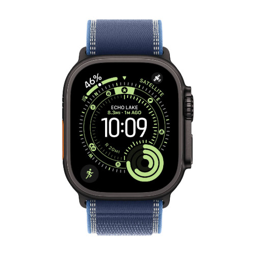 
Apple Watch Ultra 3, 49 мм, Black Titanium Case/Blue/Bright Bluel Trail Loop S/M Band