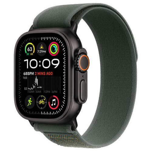 
Apple Watch Ultra 2 GPS + Cellular, 49 мм, черный корпус из титана, ремешок Trail цвета «Green», размер S/M